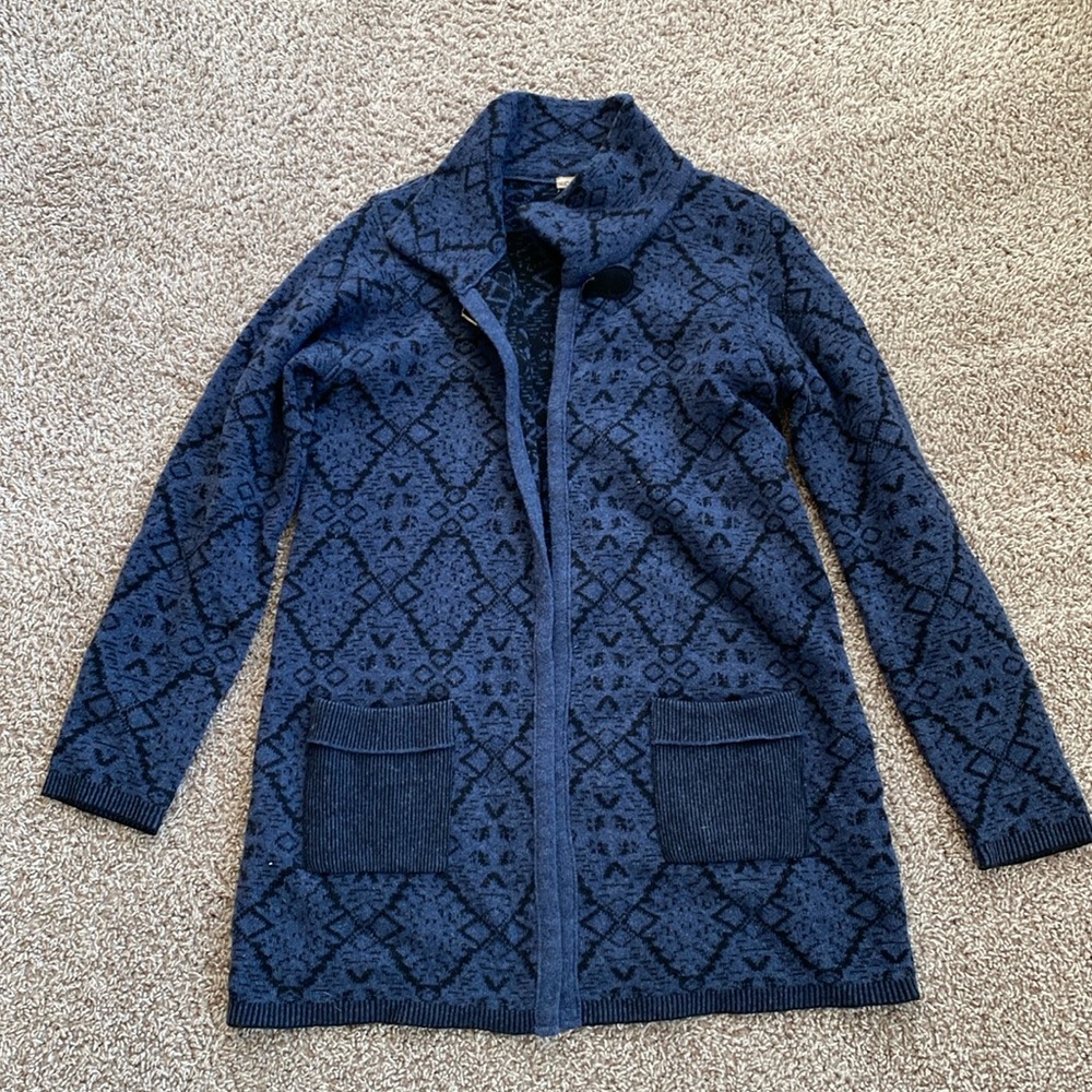 Chiaramente Italy Cardigan Blue Black 70% Wool Collar Pockets Long Sweater Med